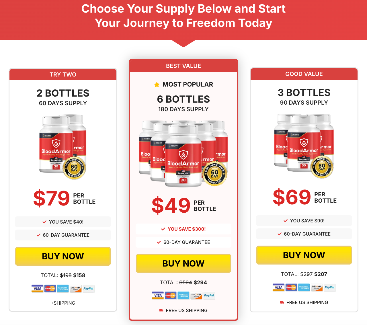 Blood Armor advertised 2, 6 and 3 bottle package offer